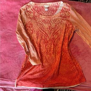 Chico's Red and Orange Swirl Long Sleeve Top
